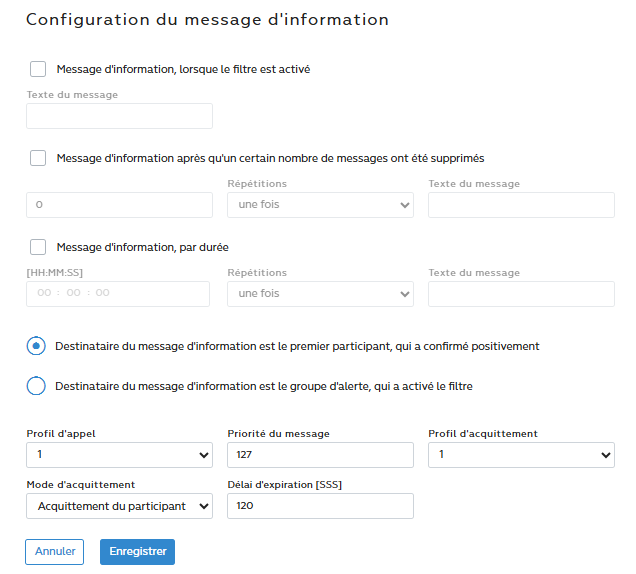 option de filtre d'alarme